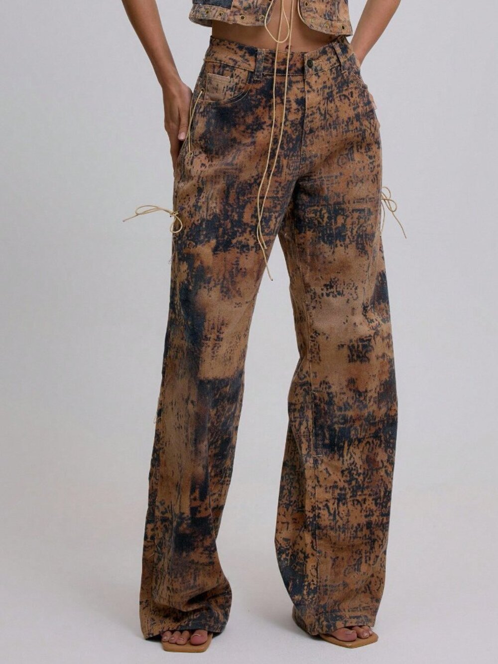 Brown Casual Women's Low Rise Lace Up Sides Wide Leg Denim Cow Print Jeans - Picture 3 of 6